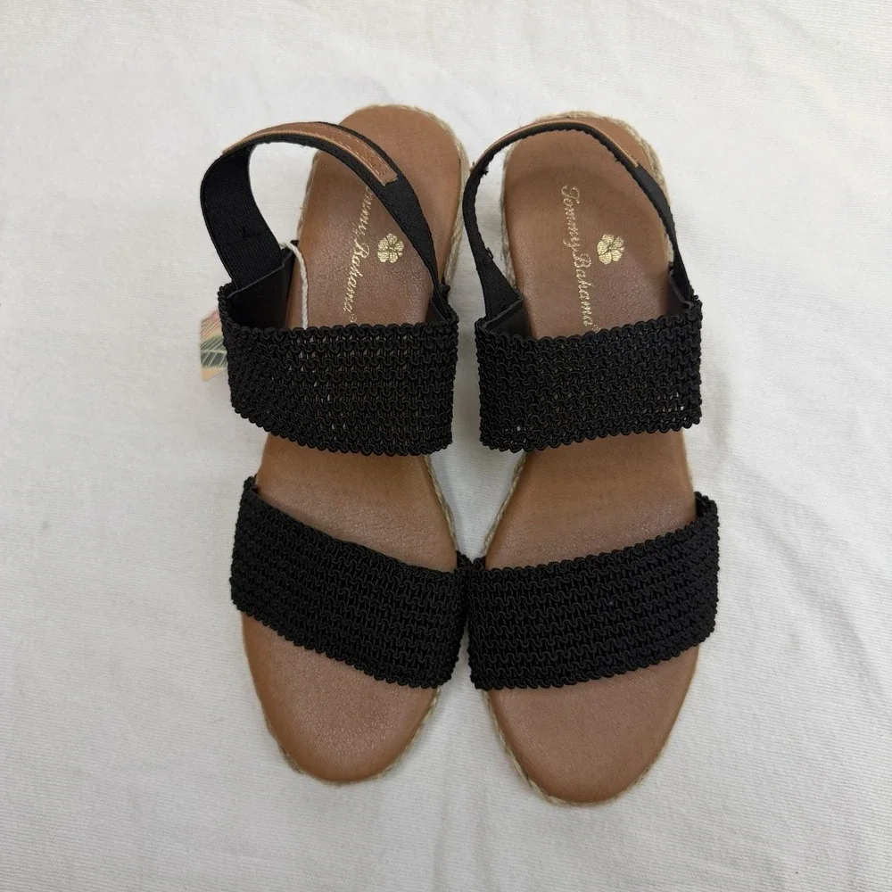 Tommy Bahama Sakura Wedge Espadrilles Heels Black Sandals 8 Beachy Boho Summer